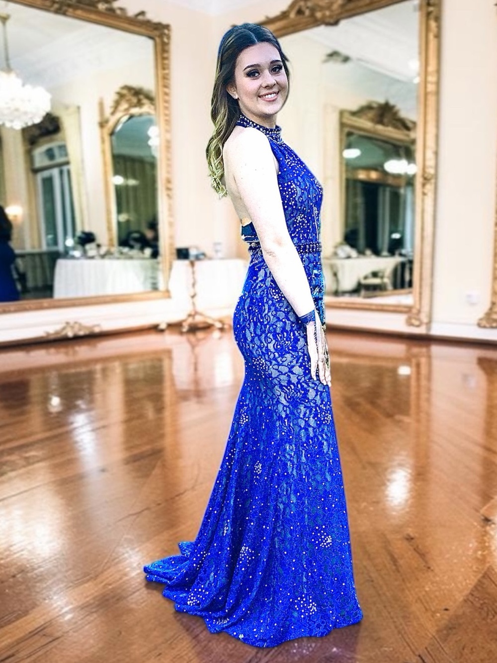 JOVANI elegant royal blue lace halter dress.